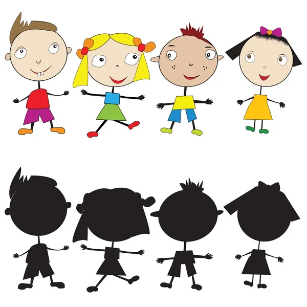 Uppsättning av doodle barn och deras siluetter — Stockfoto