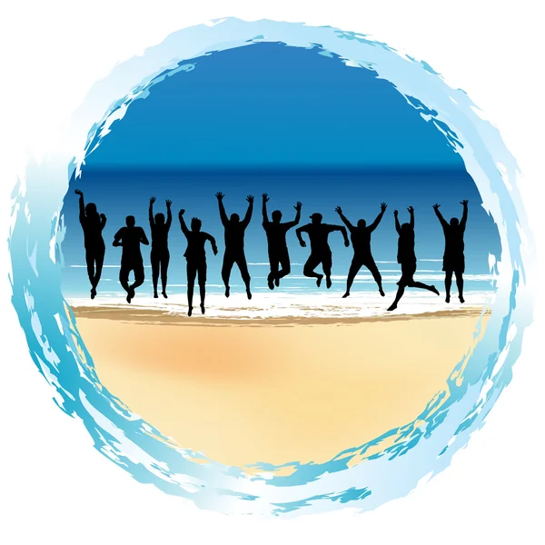 Grupo de pessoas felizes pulando à beira-mar — Fotografia de Stock