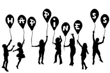Balonlar ile mutluluğu tutan çocuk silhouettes
