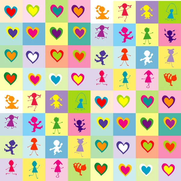 Background pattern with children silhouettes and hearts — Stock Photo, Image