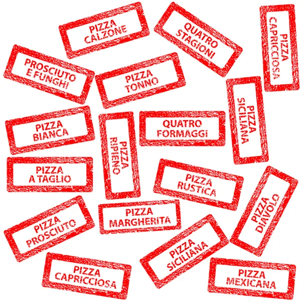 Restaurant menu, rubber stamps with pizza types — Stock Photo, Image