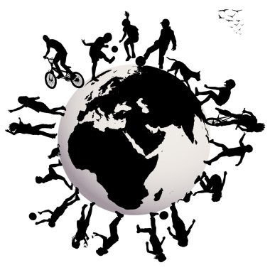 Dünya Dünya üzerinde oynarken mutlu çocuk silhouettes