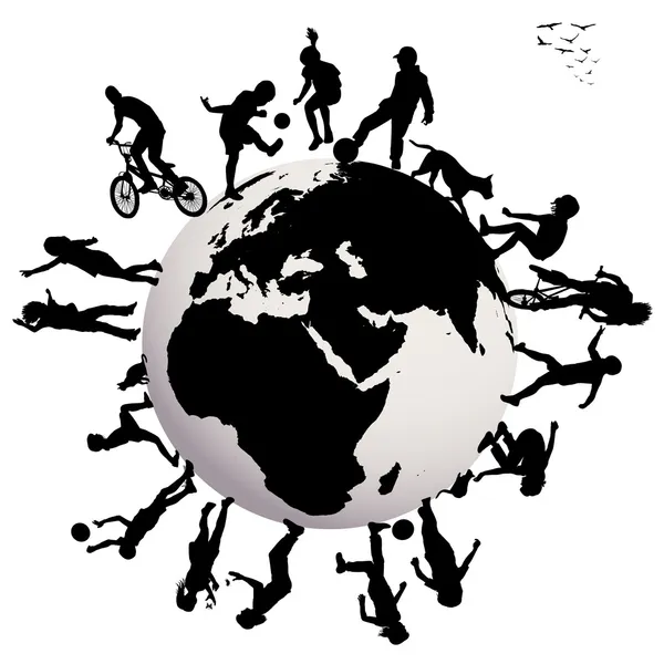 De gelukkige kinderen silhouetten spelen over earth globe — Stockfoto