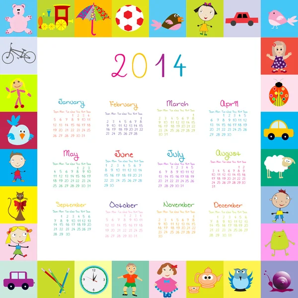 Quadro com calendário 2014 com brinquedos — Fotografia de Stock