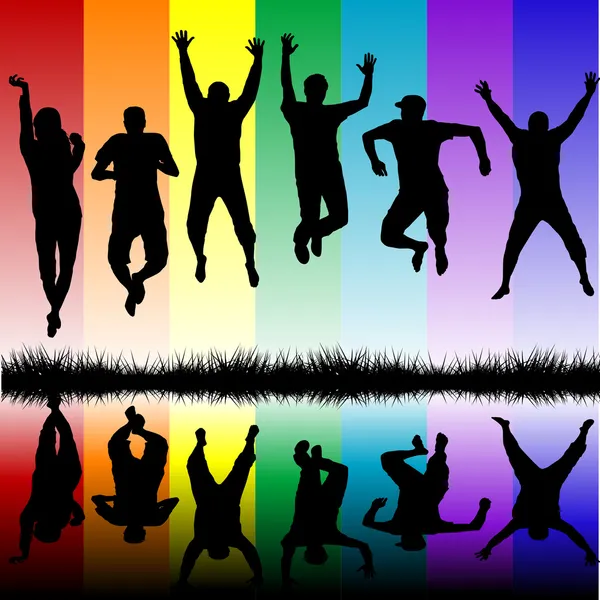 Silhouettes of young people jumping — Stock Photo, Image