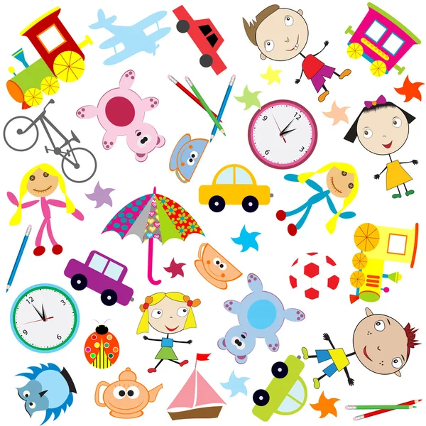 Sfondo per bambini con diversi tipi di giocattoli — Foto Stock