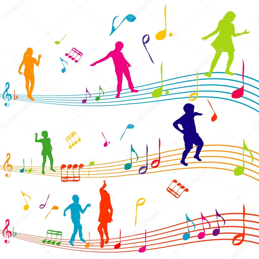 Music note with kids silhouettes dancing