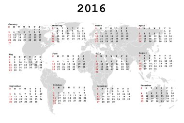 2016 takvim için gündemi ile Dünya Haritası