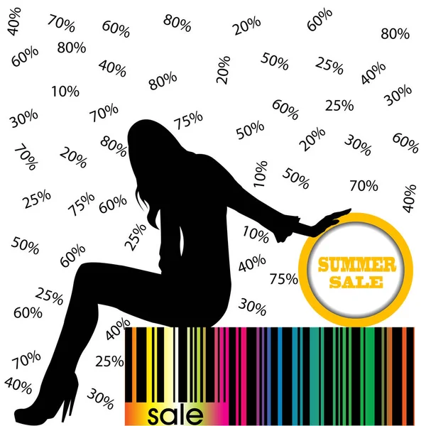 Venta Verano Publicidad Ilustración Con Mujer Sentada Código Barras — Vector de stock