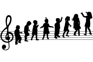 Müzik arkaplanı, müzik notaları gibi çocukların silueti.