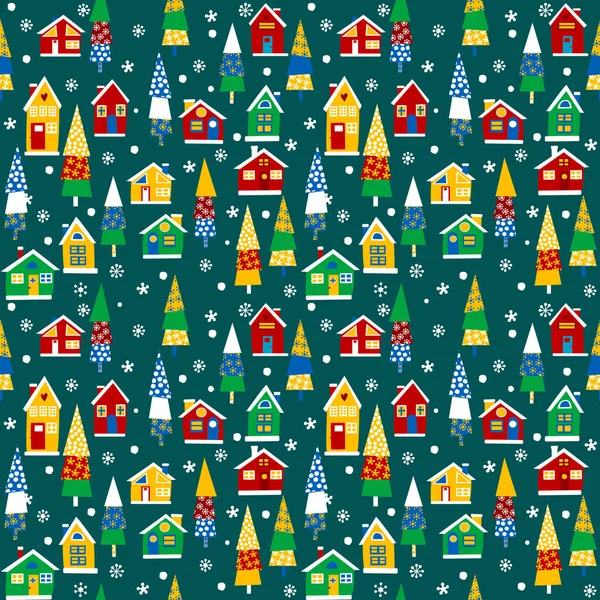 Noël Fond Sans Couture Avec Des Maisons Des Arbres — Image vectorielle