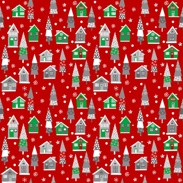 Boże Narodzenie Bez Szwu Domami Drzewami Czerwonym Tle — Wektor stockowy