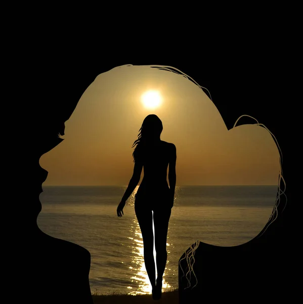 Double Exposure Woman Head Combined Woman Silhouette Seaside Shore Sunrise — Stock Photo, Image