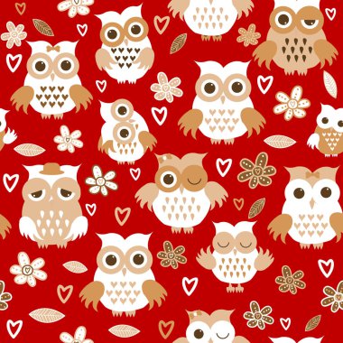 Kırmızı arka planda çizgi film baykuşları. Baykuşlar ve çiçeklerle kusursuz desen