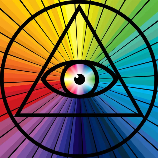 Wszechoględzące Oko Okultystyczne Trzecie Oko Oko Opatrzności Nad Kolorowym Słońcem — Wektor stockowy
