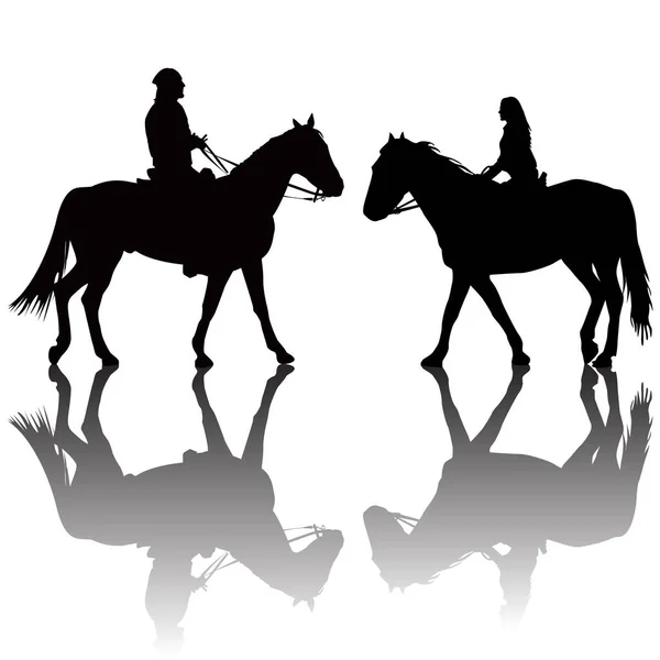 Man Vrouw Paardrijden Silhouetten Met Schaduwen — Stockvector