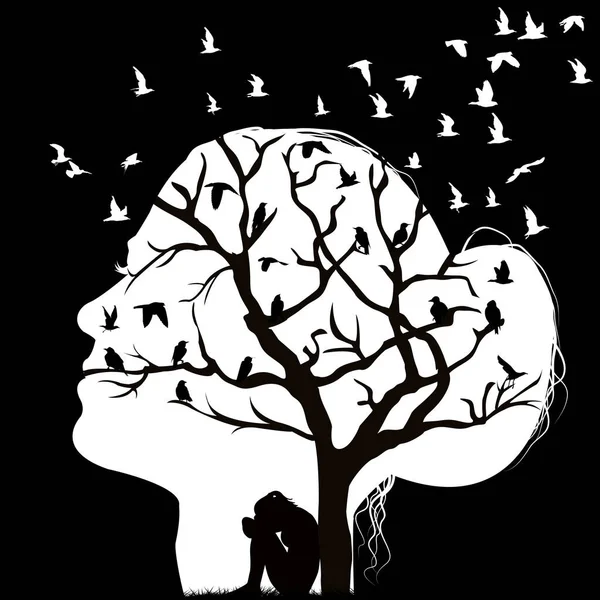 Composition Abstraite Avec Silhouette Femme Tête Femme Triste Sous Arbre — Image vectorielle