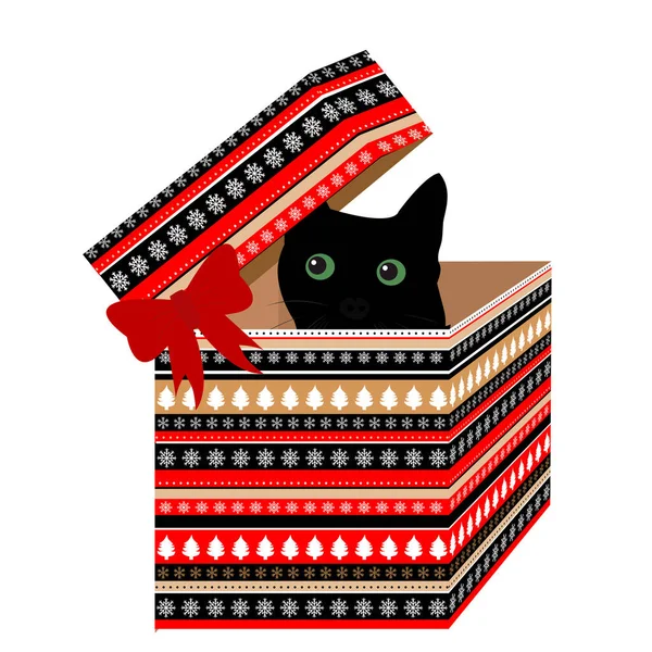 Caja Regalo Para Navidad Con Gato Negro — Vector de stock