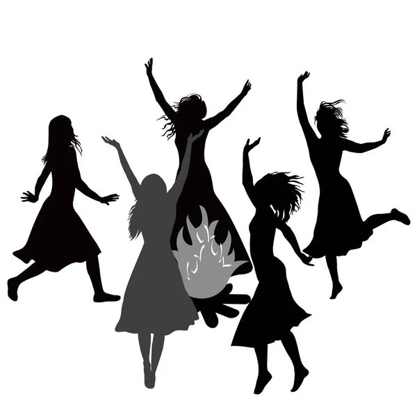 Ateşin Etrafında Dans Eden Cadıların Siluetleri — Stok Vektör