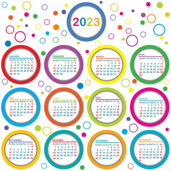 2023 Kalender Med Färgade Cirklar — Stock vektor