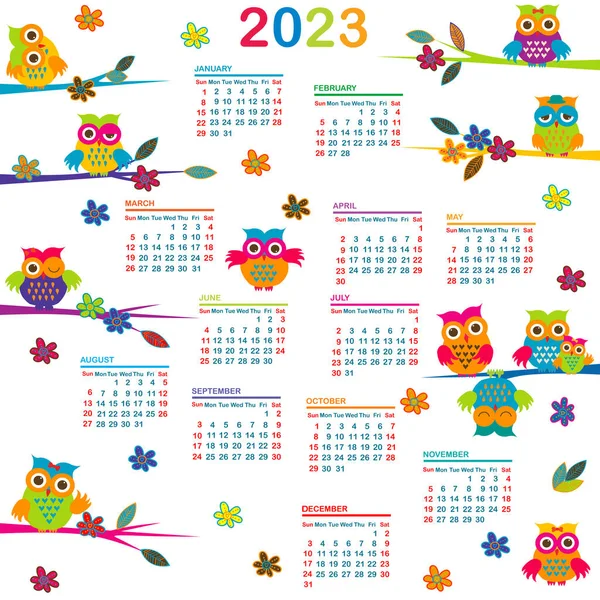 2023 Kalender Med Tecknade Ugglor — Stock vektor