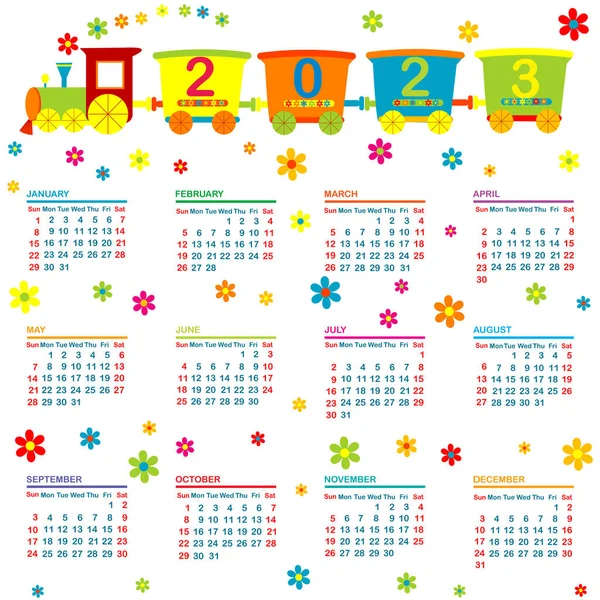 2023 Календар Мультиплікаційним Поїздом — стоковий вектор