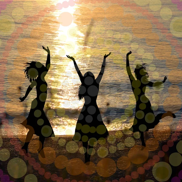 Silhouette Women Dancing Beach Sunrise — ストック写真