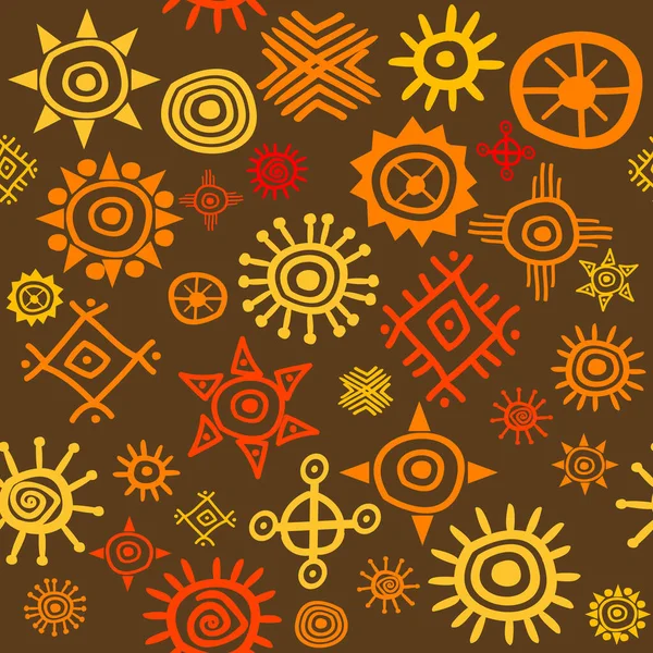 Ethnic Motifs Sun Symbols Seamless Pattern — Stock Vector