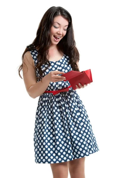 Beautiful young woman in polka dot dress — Stock Photo, Image