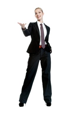 İzole bir beyaz arka plan üzerinde poz iş elbiseli güzel seksi sarışın kız