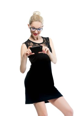 Beautiful sexy blonde woman with telephone isolated on white background