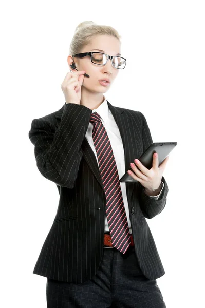 Beautiful Sexy Blonde Girl Business Dress Posing White Background Isolated — Stock Photo, Image