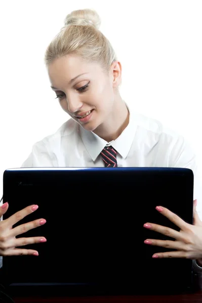 Beautifulbeautiful Blonde Girl Closes Laptop White Background Isolated — Stock Photo, Image