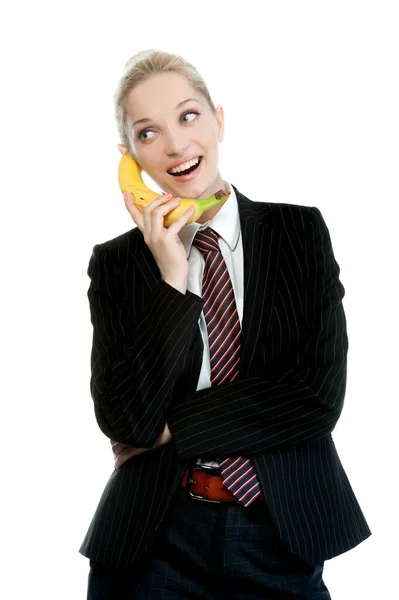 Beautiful Sexy Blonde Girl Business Dress Posing White Background Isolated — Stock Photo, Image