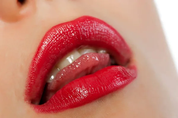 Fragment Van Vrouwelijke Gezicht Lippen Close — Stockfoto