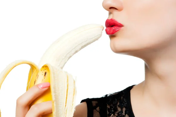 Fgagment Female Face Banana Close — Stockfoto