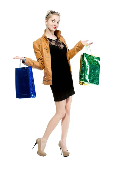 Beautiful Sexy Blond Woman Shopping Bags Isolated White Background — Stok fotoğraf