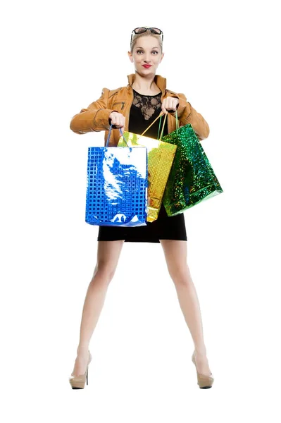 Beautiful Sexy Blond Woman Shopping Bags Isolated White Background — Foto Stock