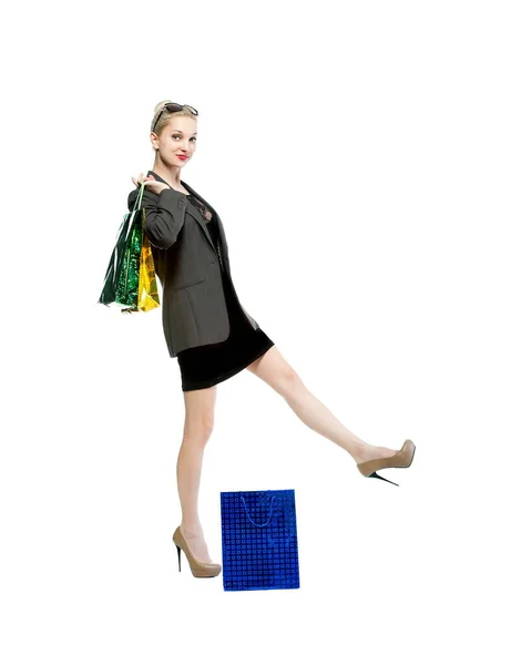 Beautiful Sexy Blond Woman Shopping Bags Isolated White Background — 스톡 사진