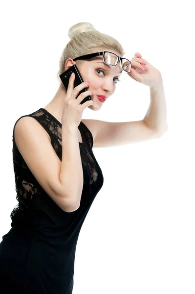 Красива Сексуальна Блондинка Телефоном Ізольована Білому Тлі — стокове фото