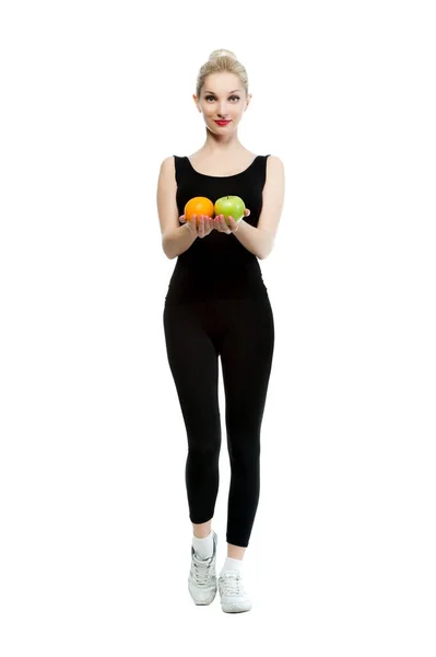 Beautiful Sexy Blond Woman Sportswear Orange Apple White Background Isolated — 图库照片