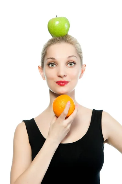 Beautiful Sexy Blond Woman Sportswear Orange Apple White Background Isolated — Stock Photo, Image