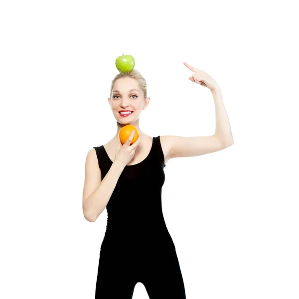 Beautiful Sexy Blond Woman Sportswear Orange Apple White Background Isolated — Zdjęcie stockowe