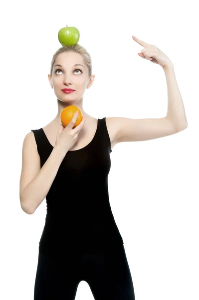 Beautiful Sexy Blond Woman Sportswear Orange Apple White Background Isolated — Stock Photo, Image