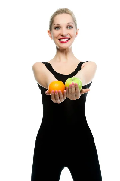 Beautiful Sexy Blond Woman Sportswear Orange Apple White Background Isolated — Photo
