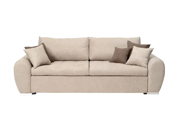 Großes Beiges Sofa Mit Kissen Isoliert Auf Weißem Hintergrund — Stockfoto