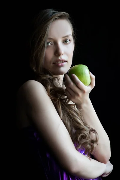 Portré Gyönyörű Szexi Lány Egy Fekete Háttér Almával — Stock Fotó