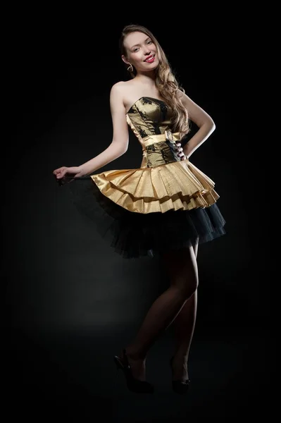 Beautiful Sexy Brunette Girl Posing Black Background Evening Dress — Foto de Stock