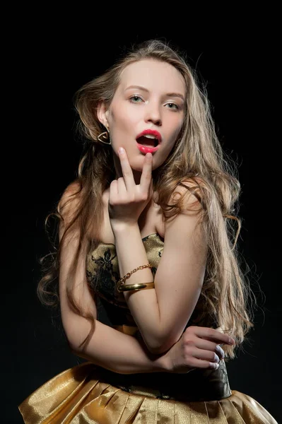 Beautiful Sexy Brunette Girl Posing Black Background Evening Dress — Stock Photo, Image