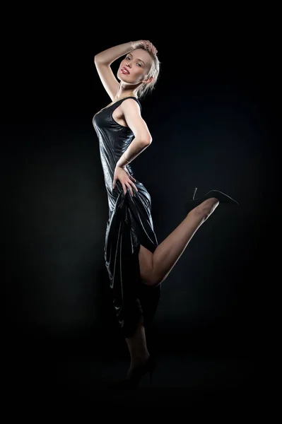 Beautiful Sexy Brunette Girl Posing Black Background Evening Dress — Stok fotoğraf